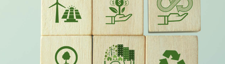 Wooden building blocks with symbols of sustainability printed on them in green